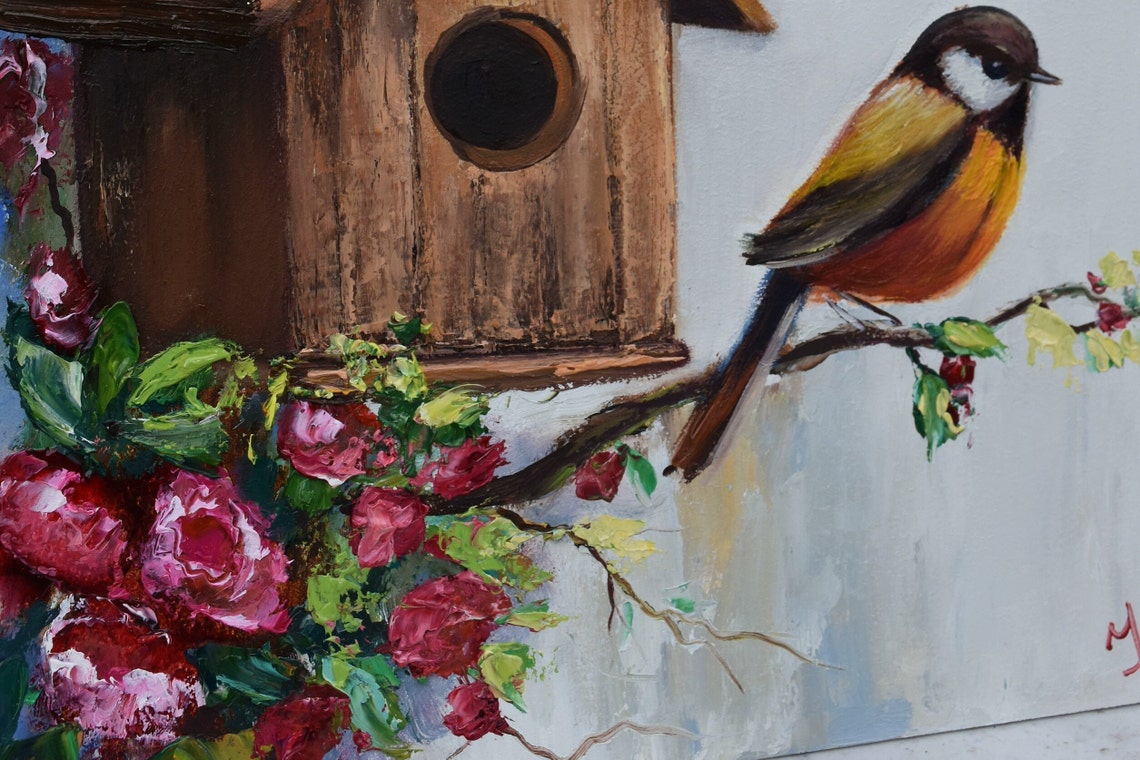 Bird Oil Painting Birds Art Oil Art Bird Artwork Bird Wall Art Home Decor Modern Birds Painting Art Bird Painting 12x12 Art Birds Flowers - Image 5