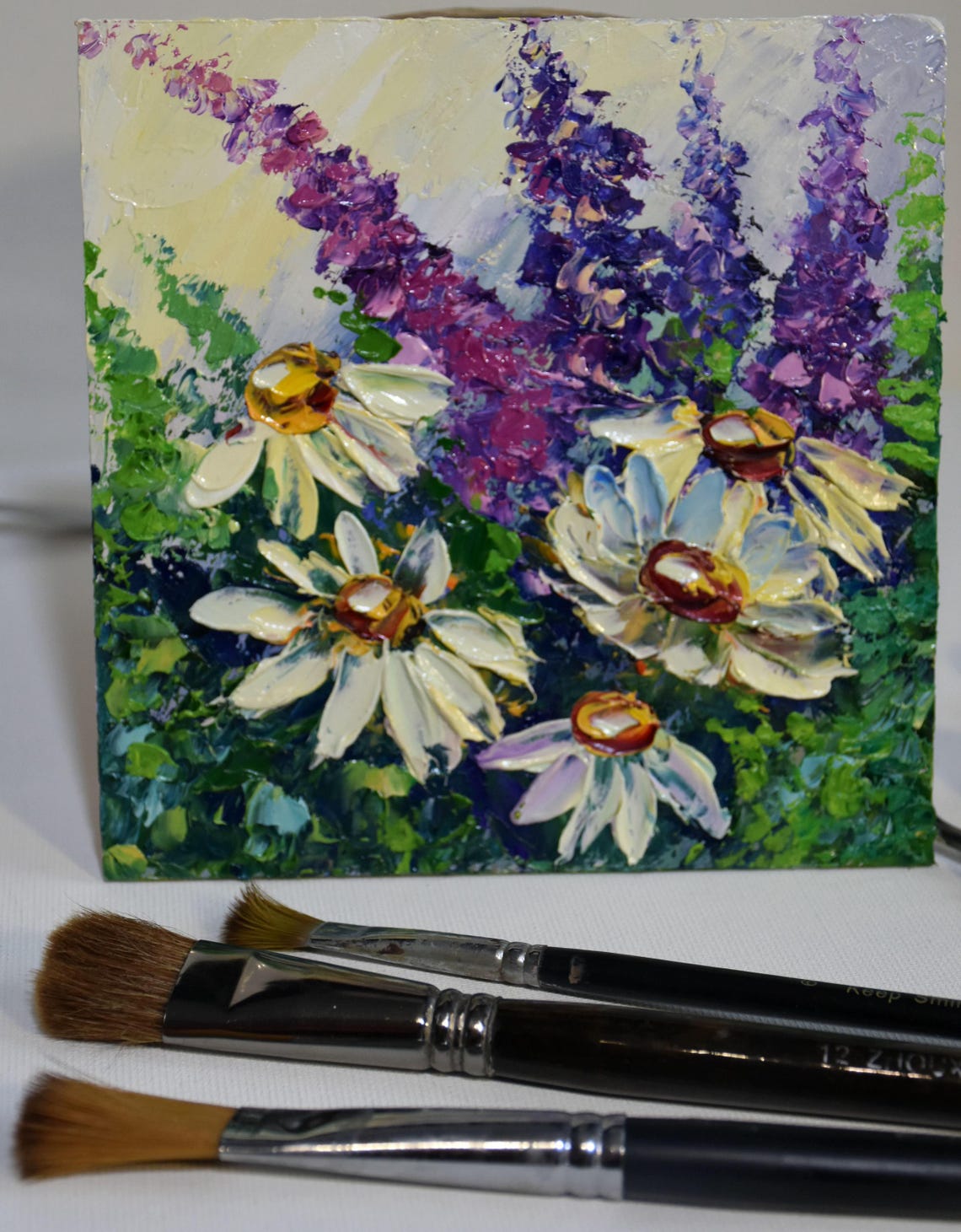 White Flower Art Daisy Wall Art Flowers Painting White Daisies Art Chamomile Oil Painting Flowers Impasto Knife Oil Painting Textured Flower - Image 2