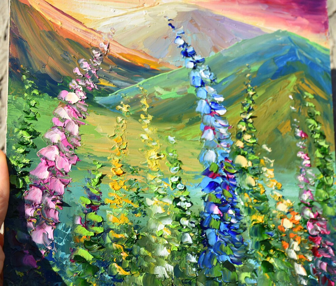 Mountain Landscape With Flowers Painting Mountains Landscape Painting Small Wall Art Wildflowers Painting Impasto Painting Summer Meadow - Image 4