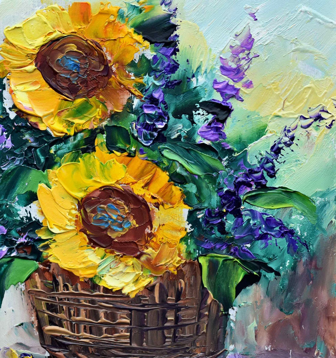 Sunflower Painting Small Wall Art Still Life Painting Yellow Flower Art Impasto Oil Painting Sunflower Wall Art Impasto Flowers Basket With - Image 5