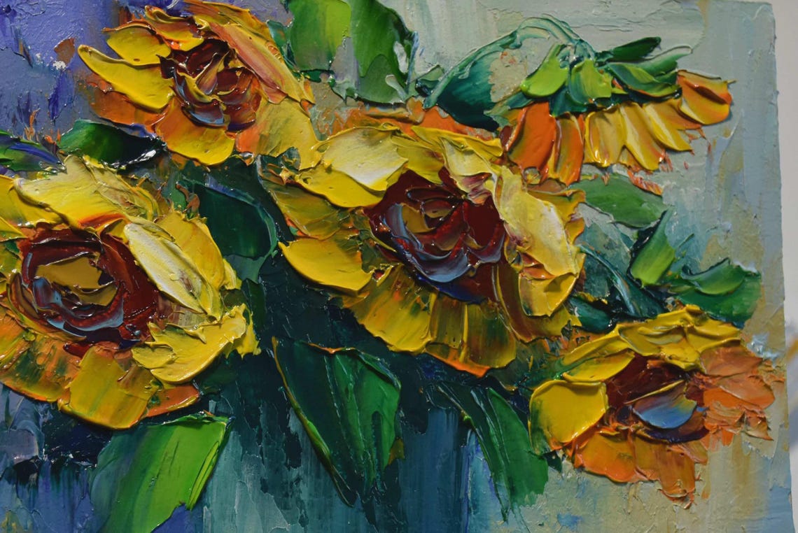 Sunflowers Painting Orange Flowers Floral Artwork Palette Knife Art Small Oil Painting Yellow Flower Art Impasto Painting Wildflowers - Image 3