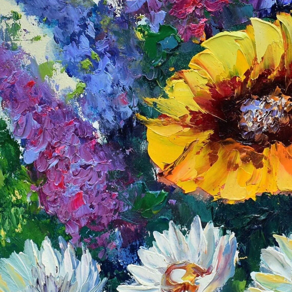 Giant Sunflowers Blue Spike Duo Vibrant Garden Impasto Painting Poster - Image 2