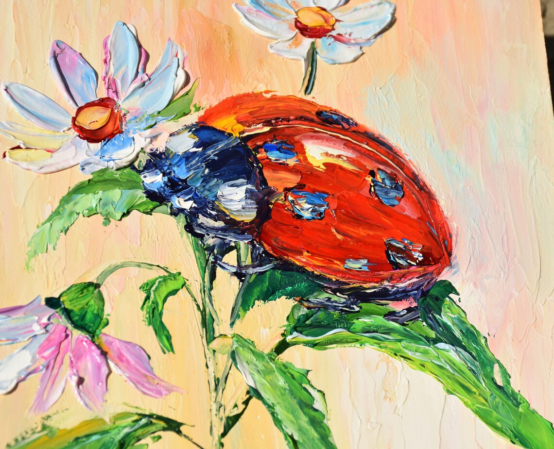 Ladybugs Painting Small Wall Art 8 X 8 Ladybug Art Couple In Love Art Pink Flowers Art Summer Meadow Art Landscape Painting Meadow Flowers - Image 5