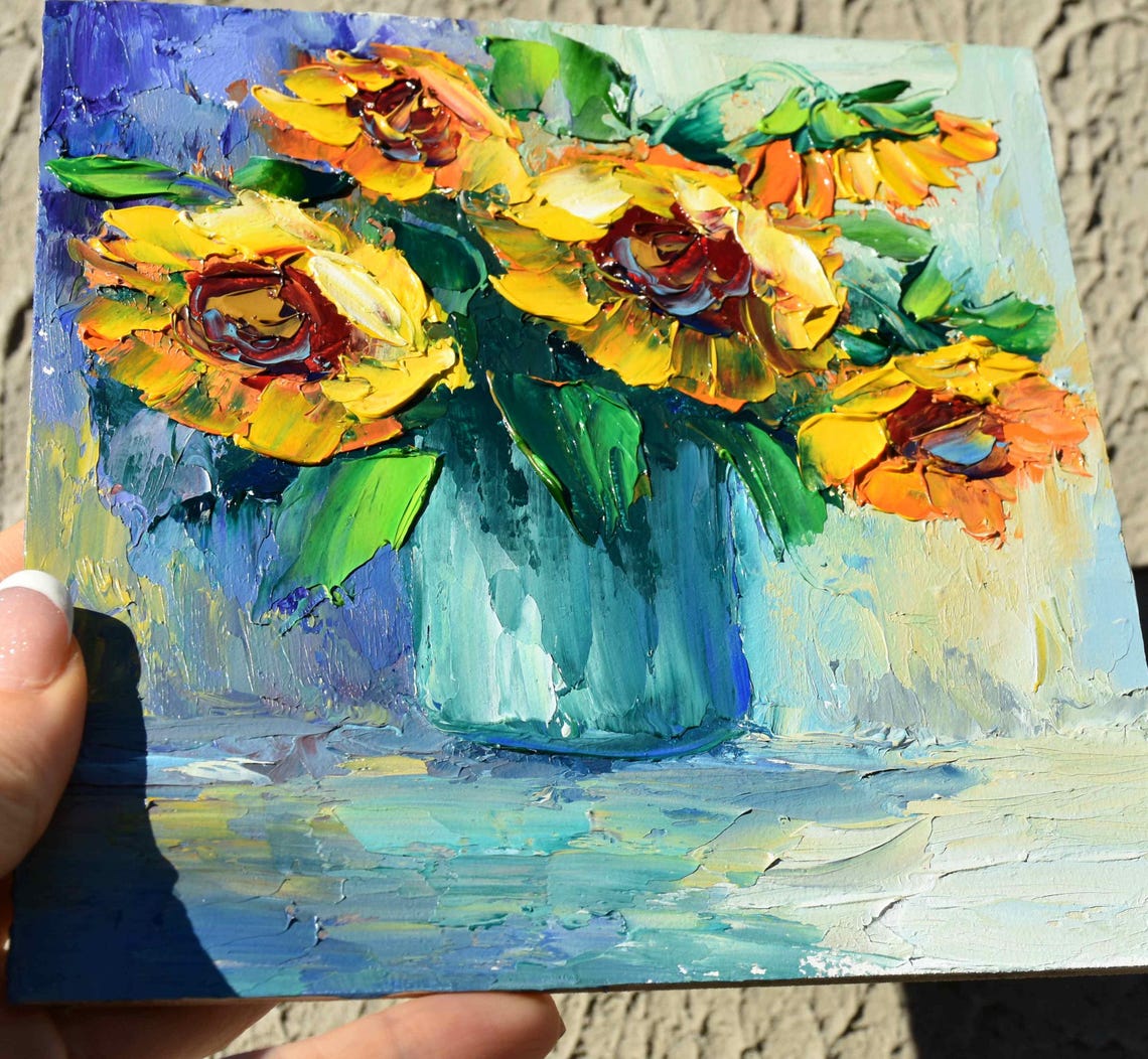 Sunflowers Painting Orange Flowers Floral Artwork Palette Knife Art Small Oil Painting Yellow Flower Art Impasto Painting Wildflowers