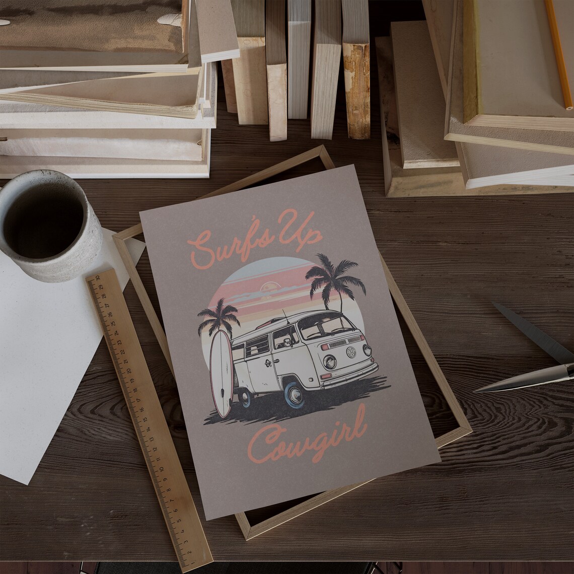 Surfs Up Cowgirl Vintage Surf Van Palm Sunset Retro Art Poster - Image 3