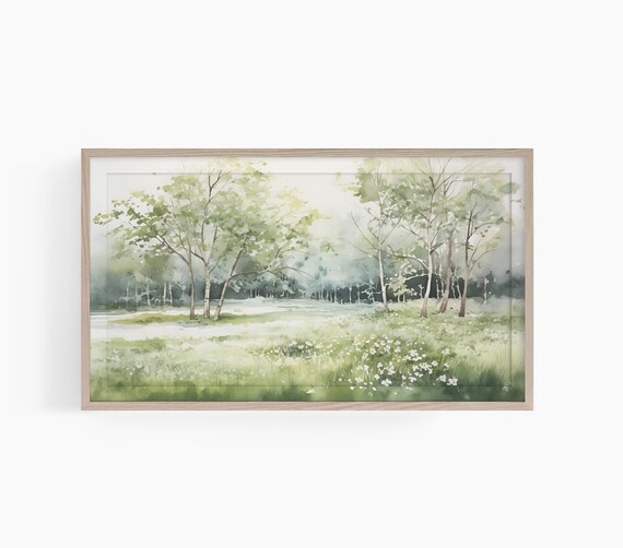 Misty Spring Field Green Trees Watercolor Landscape Painting Poster