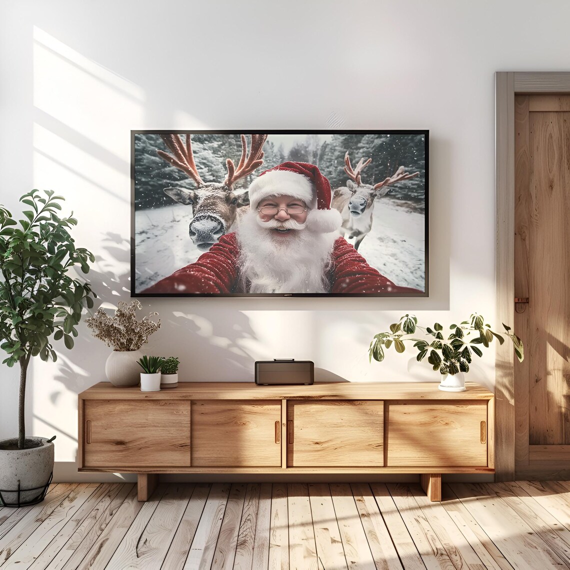 Santa Claus Selfie With Reindeer Snowy Winter Funny Photo Poster - Image 3