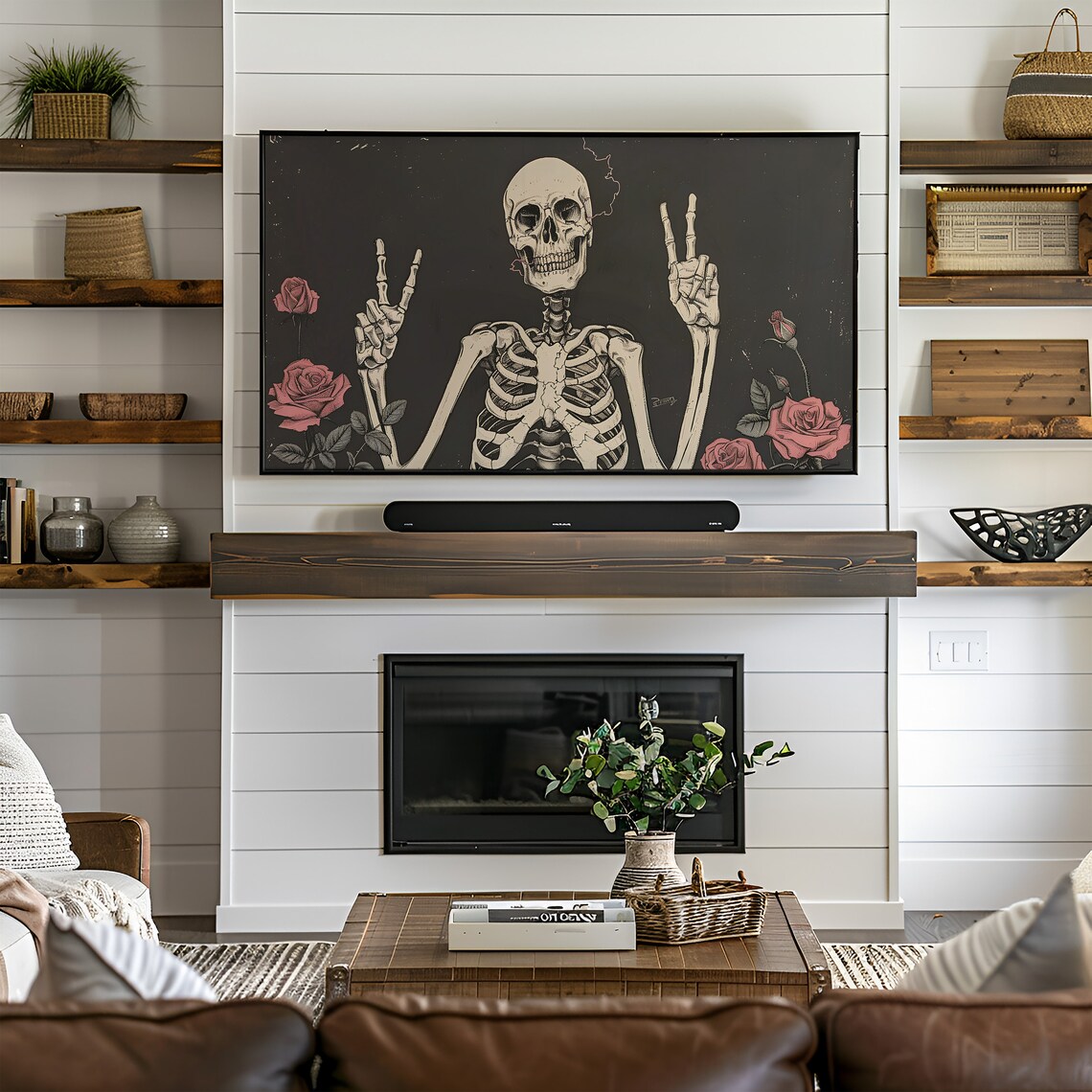 Skeleton Flashing Peace Signs Red Roses Gothic Halloween Dark Art Poster - Image 3