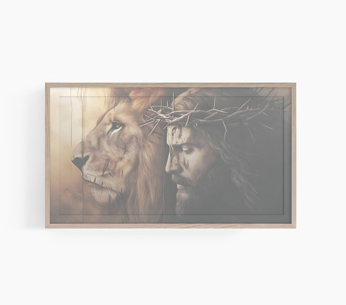 Jesus Lion Crown Of Thorns Dark Christian Faith Portrait Poster