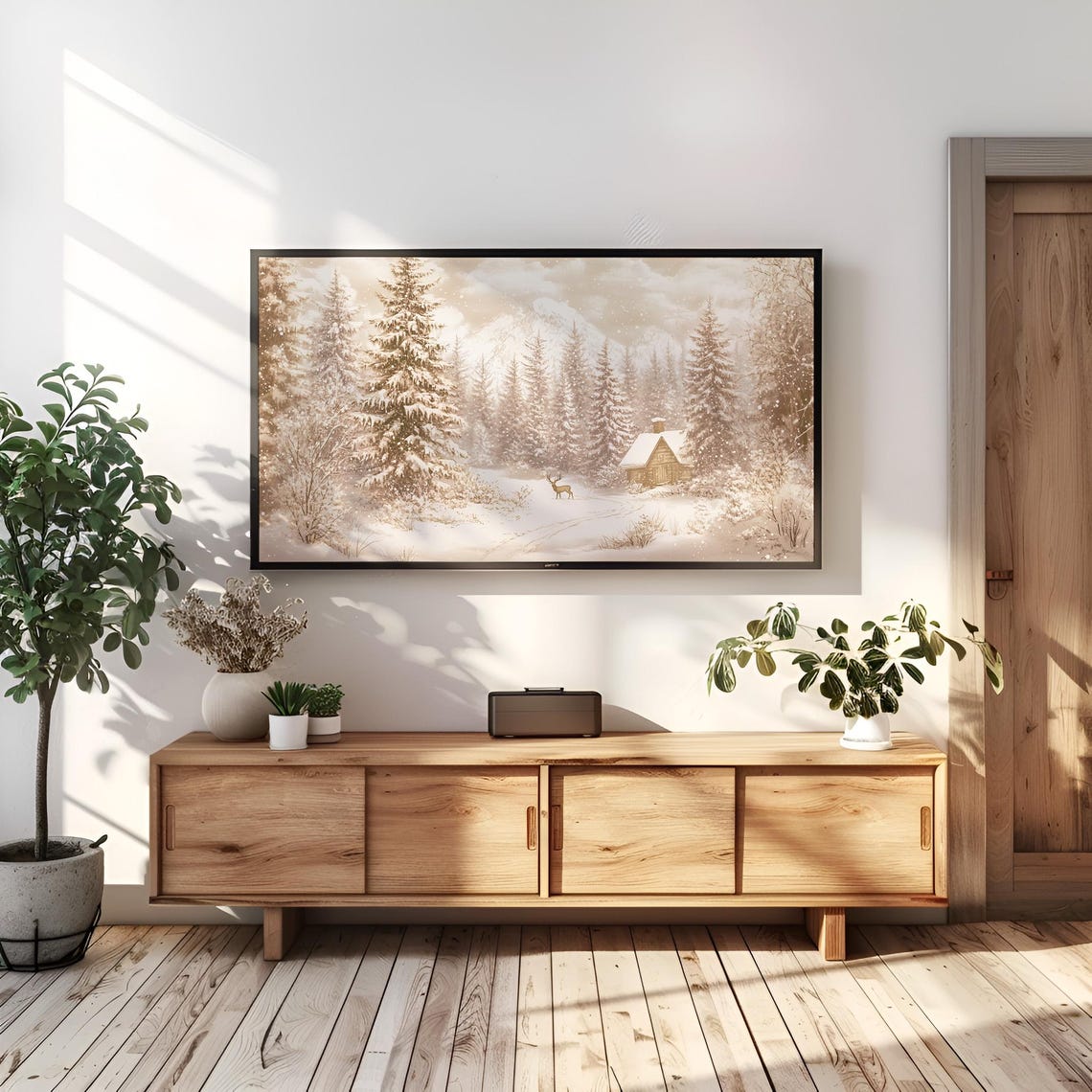 Neutral Winter Cabin Snowy Pine Forest Deer Landscape Art Poster