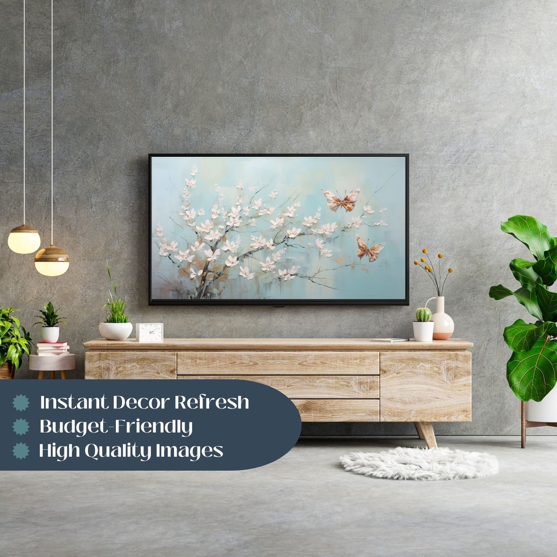 Spring Blossoms Two Butterflies Soft Blue Botanical Art Poster - Image 3