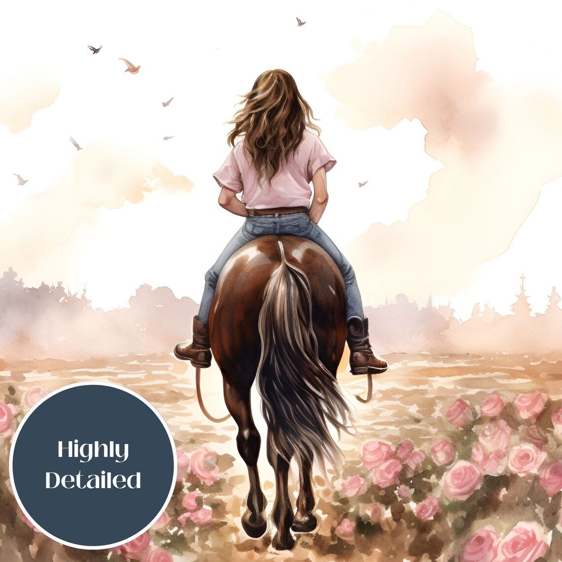 Girl Riding Horse In Wildflower Field Watercolor Art Print - Image 2