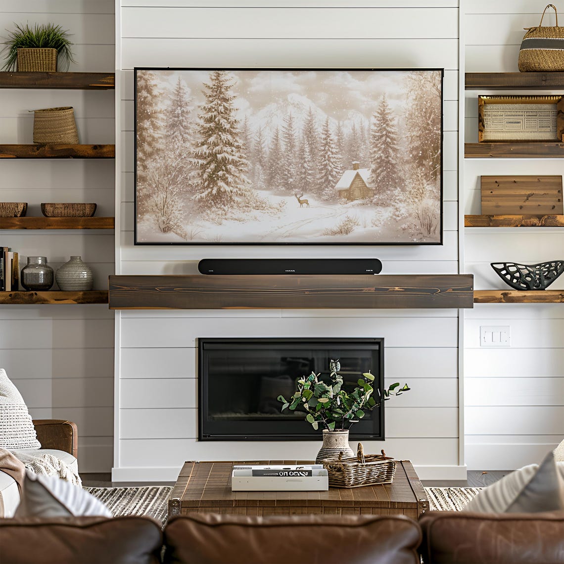Neutral Winter Cabin Snowy Pine Forest Deer Landscape Art Poster - Image 2