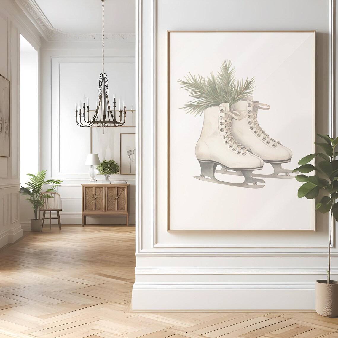 White Ice Skates Watercolor With Pine Sprigs Elegant Winter Christmas Wall Art - Image 2