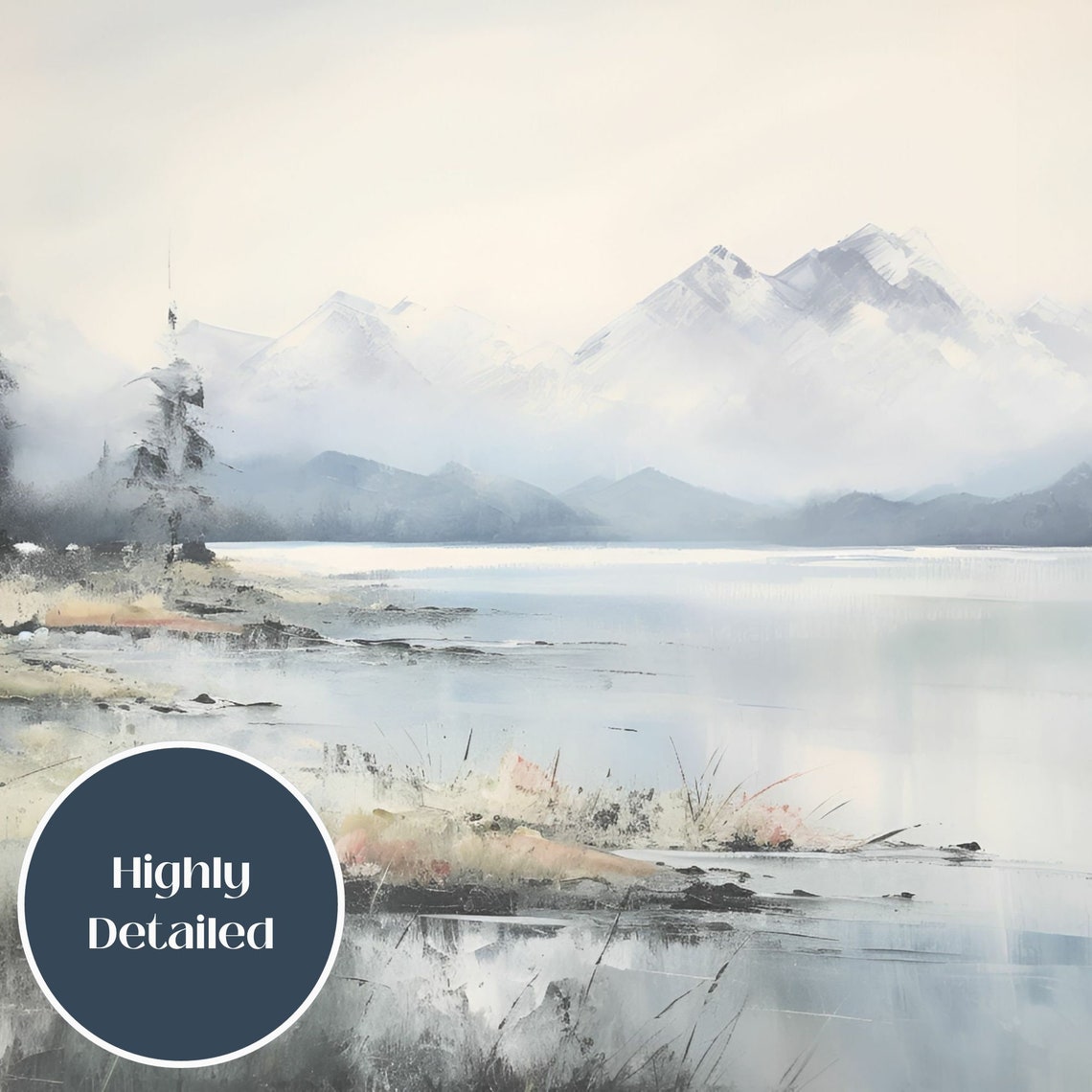 Soft Muted Watercolor Misty Mountain Lake Landscape Decor Poster - Image 3