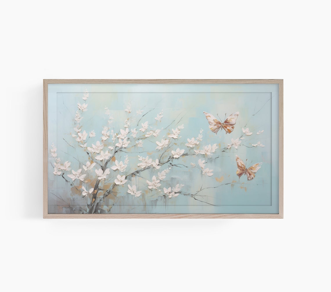 Spring Blossoms Two Butterflies Soft Blue Botanical Art Poster