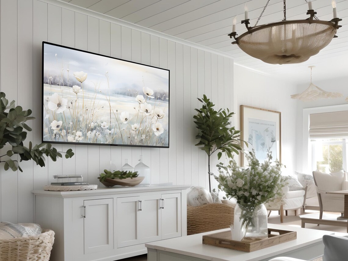 White Wildflower Meadow Misty Spring Floral Painting Art Poster - Image 3