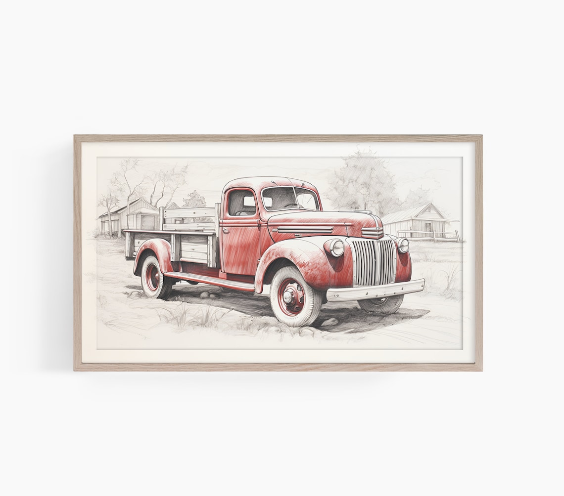 Red Vintage Farm Truck Sketch Rustic Barn Country Scene Poster