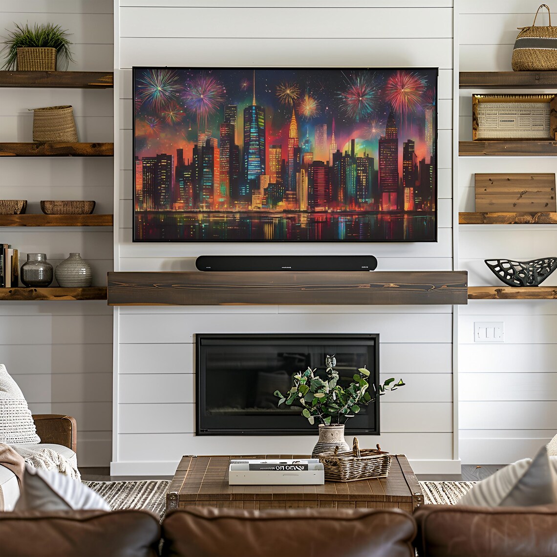 New York City Colorful Skyline Fireworks Night Painting Poster - Image 2