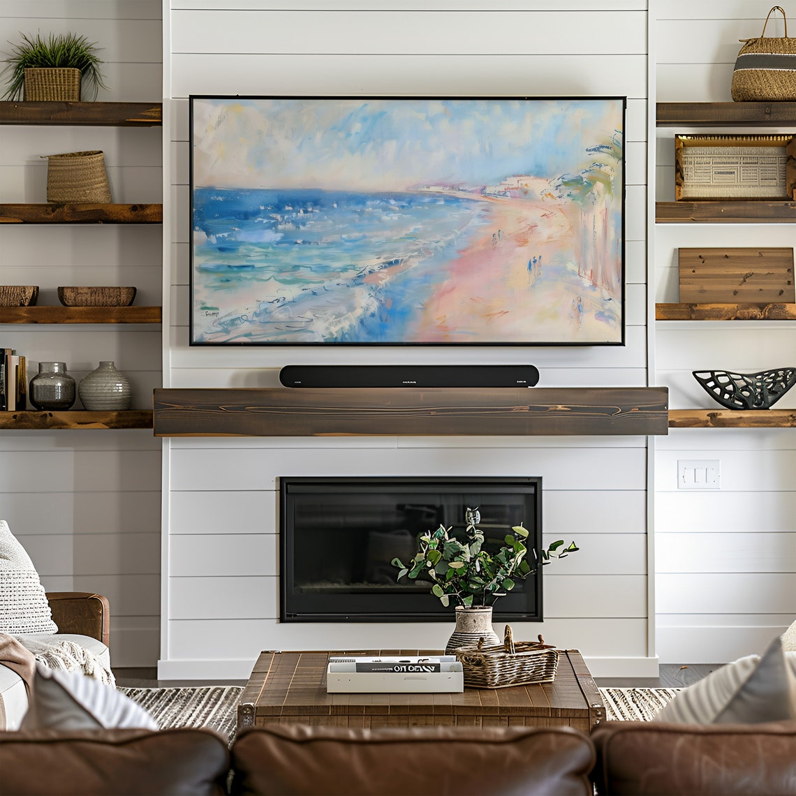 Pastel Beach Shoreline Gentle Waves Summer Day Watercolor Poster - Image 3