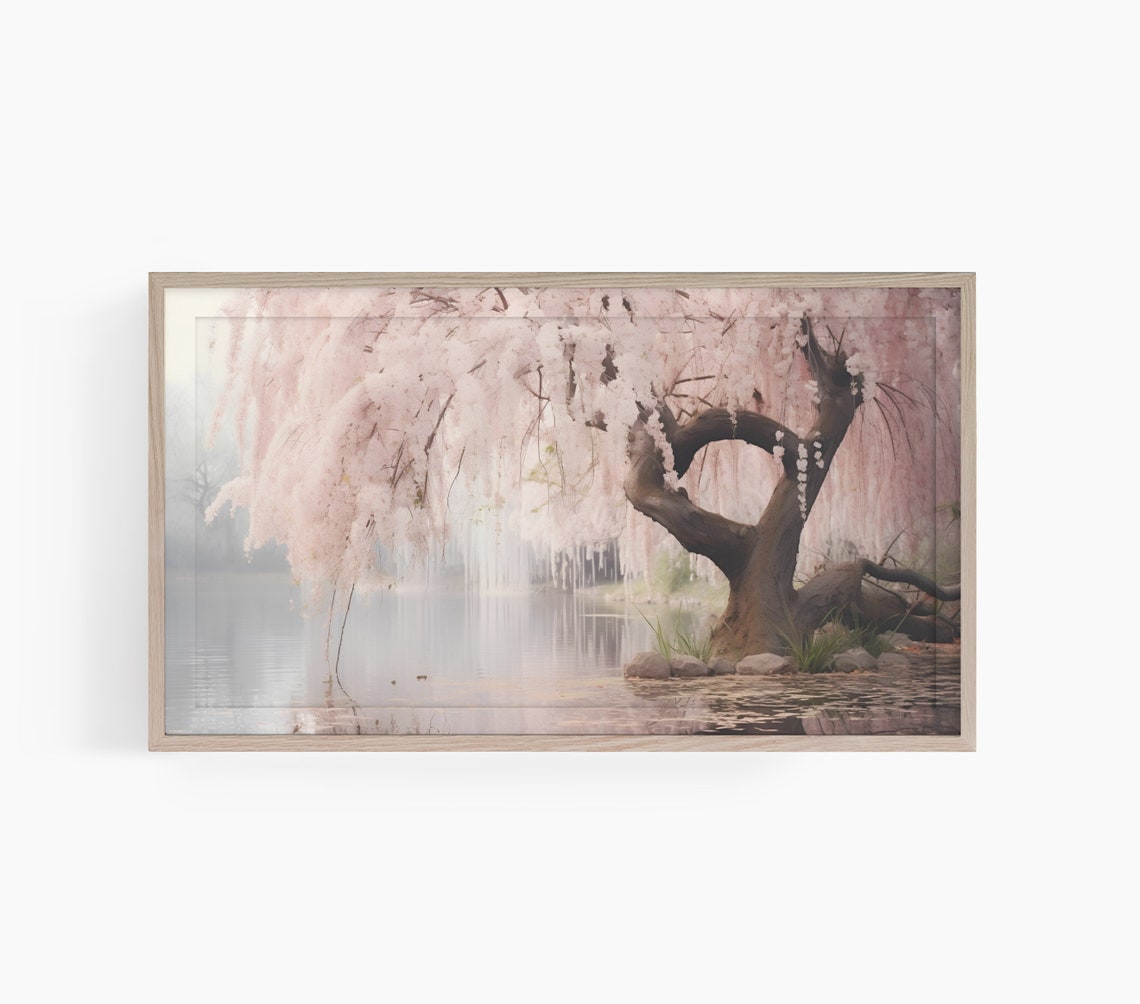 Weeping Cherry Blossom Tree Over Water Misty Spring Scene Poster