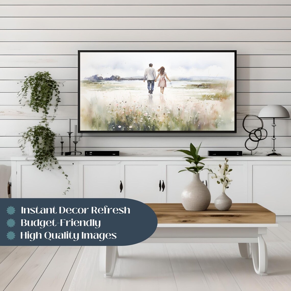 Couple Walking Hand In Hand Wildflower Field Lake Watercolor Poster - Image 2