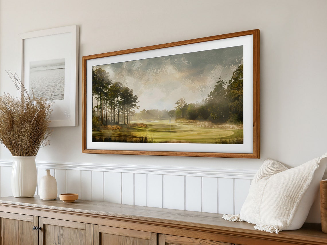 Golden Golf Course Pines Morning Light Fairway Painting Poster - Image 3
