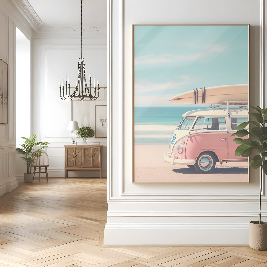 Pink VW Bus With Surfboard Beach Retro Summer Vintage Photo Poster - Image 2