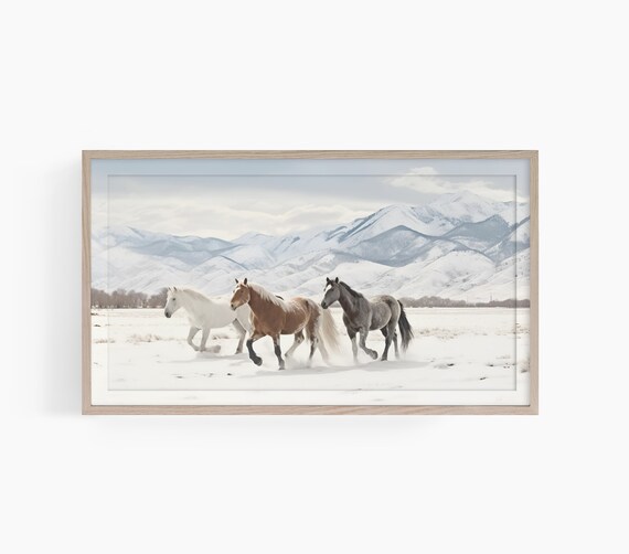 Three Horses Running in Snowy Mountains Winter Wildlife Poster