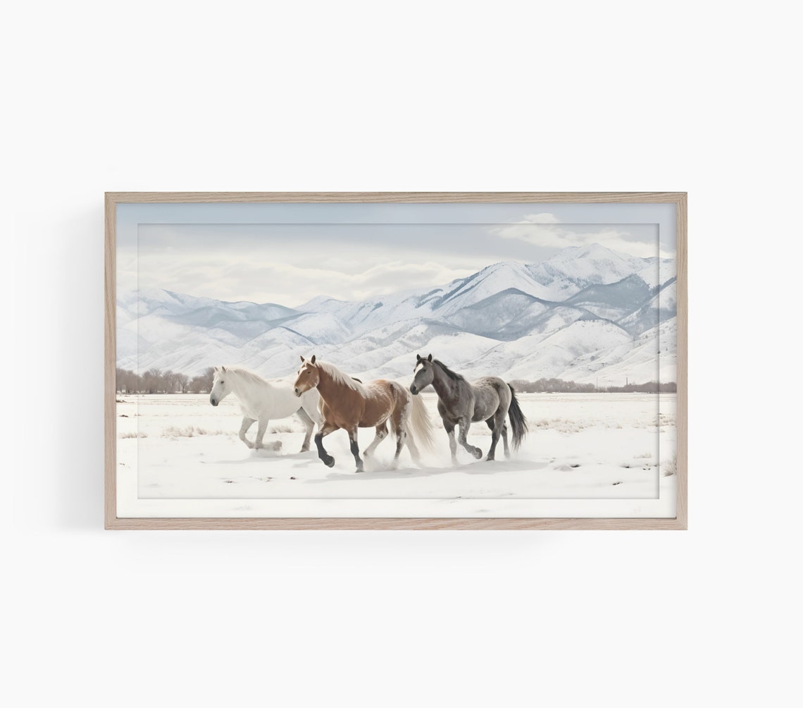 Three Horses Running in Snowy Mountains Winter Wildlife Poster