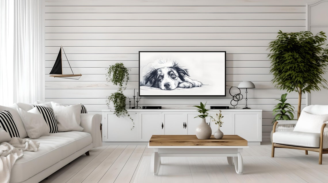 Australian Shepherd Sketch Lying Down Black White Dog Art Poster - Image 2