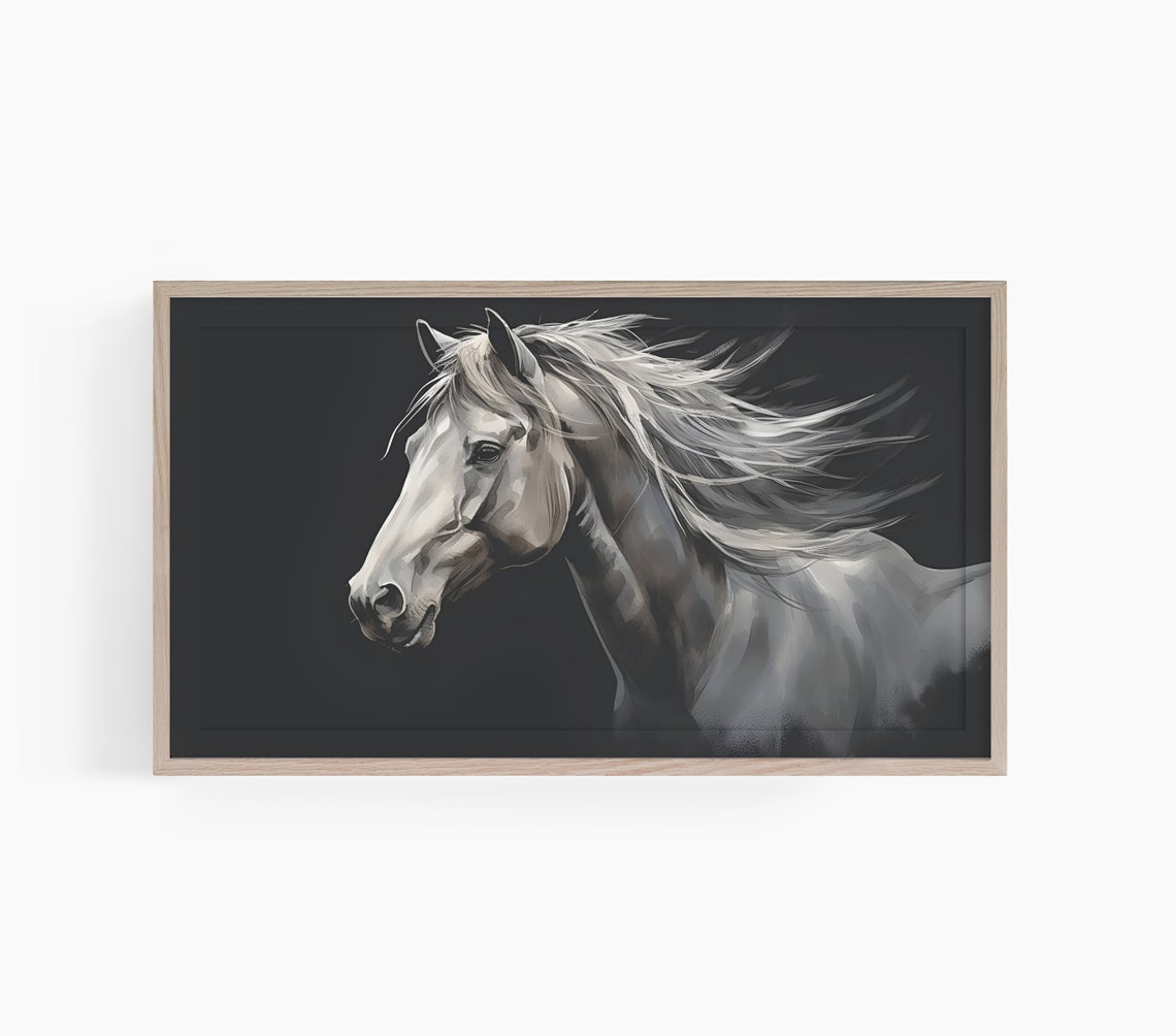 Gray Horse Windswept Mane Black Background Equestrian Wall Art