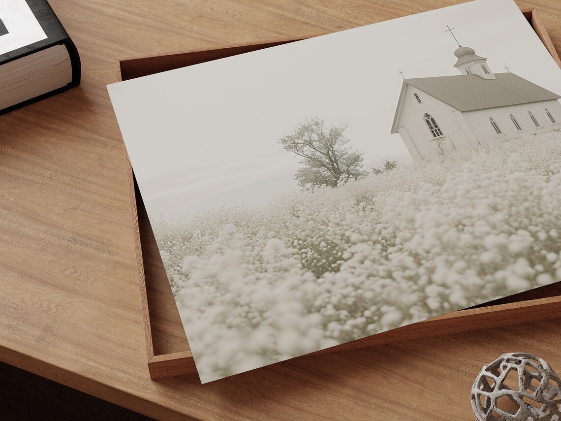 White Church in Field of Wildflowers Serene Spring Art Poster - Image 3