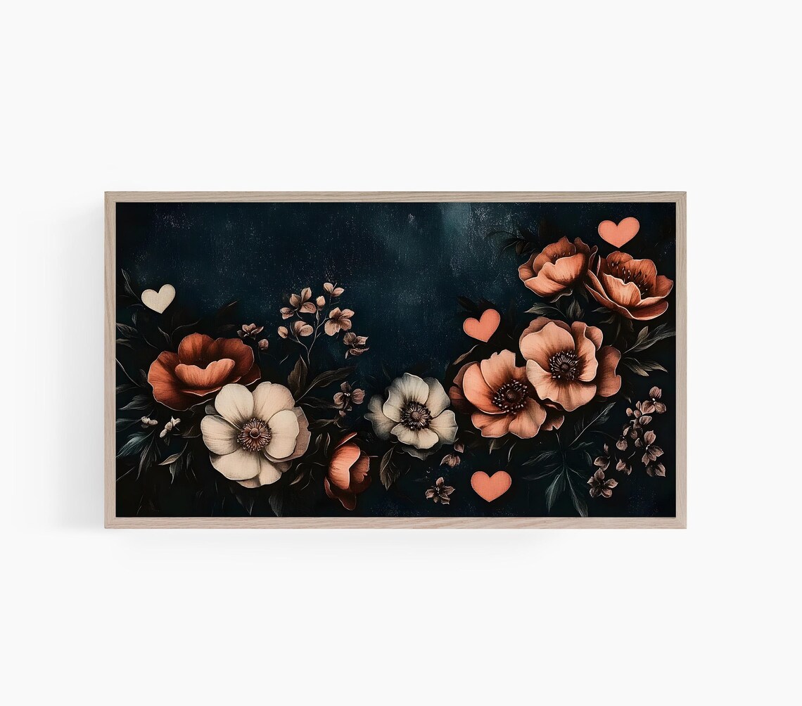 Deep Moody Dark Floral Watercolor Heart Romance Botanical Poster