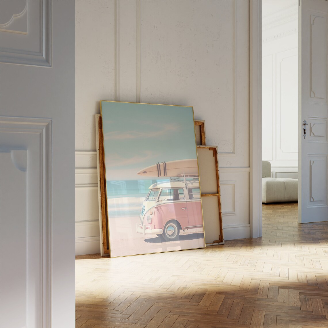Pink VW Bus With Surfboard Beach Retro Summer Vintage Photo Poster - Image 3