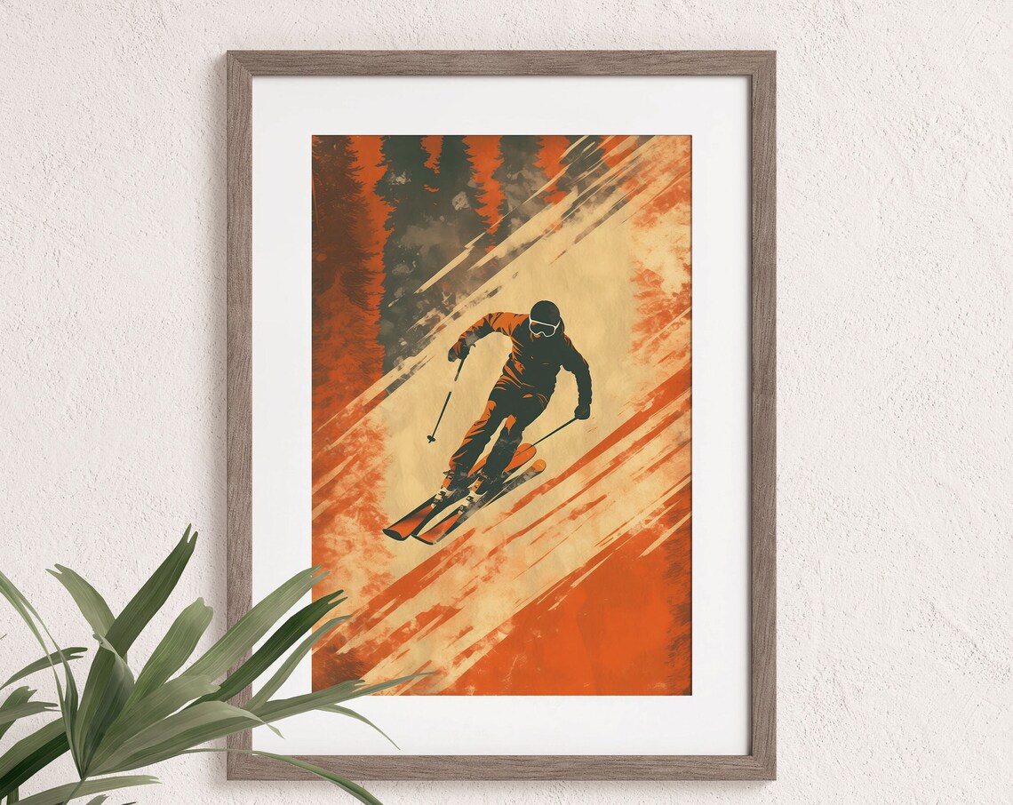 Stylized Retro Ski Poster, Alpine Ski Sport Art Print