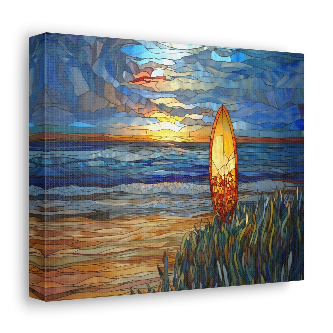 Stained Glass Surfboard Beach Sunset Ocean Waves Dune Grass Wall Art