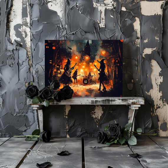Witch Rock Band Performing Under String Lights Spooky Halloween Concert Poster