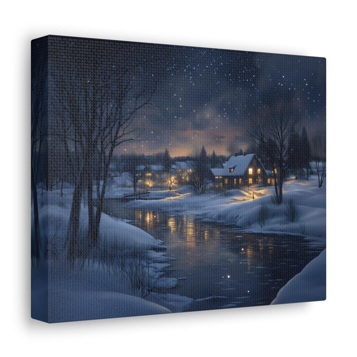Winter Village At Night With Glowing Windows Reflecting On River Wall Art - Image 2