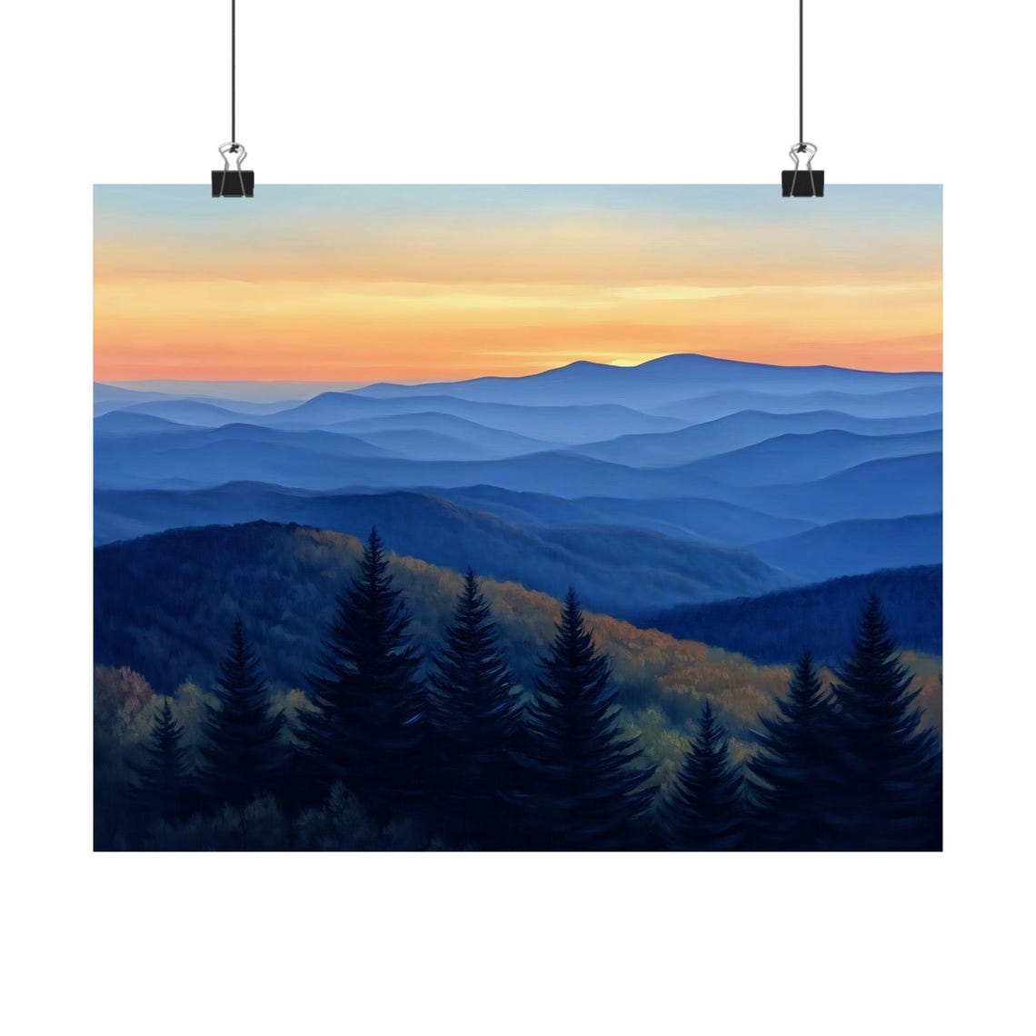 Smoky Blue Ridge Mountain Sunrise Over Layered Misty Peaks Poster