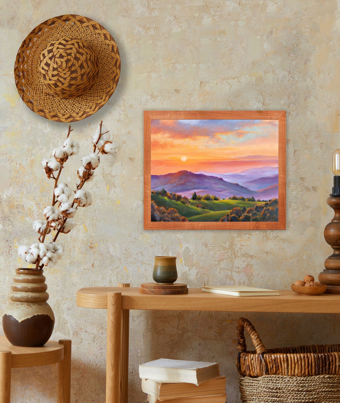 Colorful Landscape Original Painting Green Grassy Hills Sunshine Art Vibrant Mountains Lush Trees Large Wall Art Framed Country Home Gift - Image 3