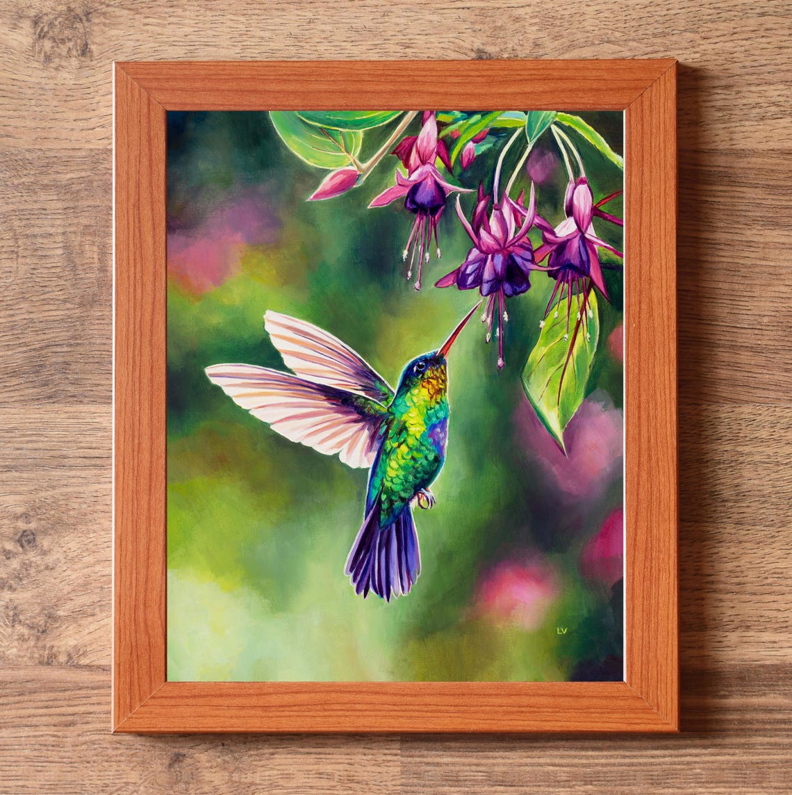 Close Up Of Hummingbird Sipping Nectar From Fuchsia Blooms Art Poster - Image 5