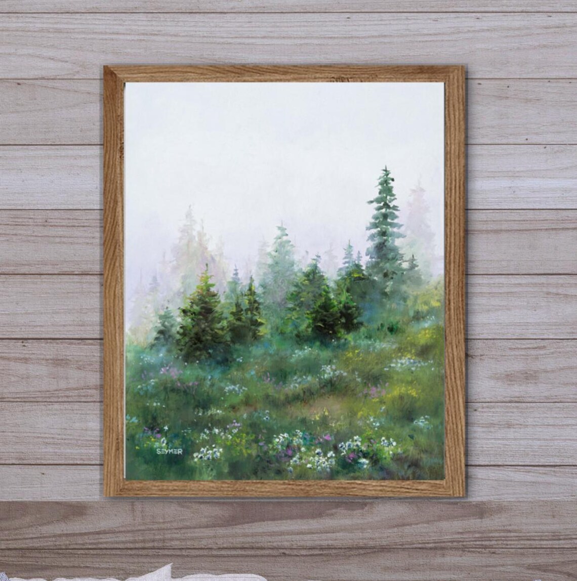 Foggy Forest Misty Mountain Art Print, Neutral Tones