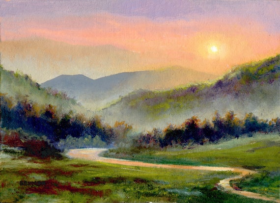 Misty Landscape Original Oil Painting Foggy Panoramic Scene Misty Mountains And Road Valley Art Hazy Nature Wall Art Foggy Forest Artwork