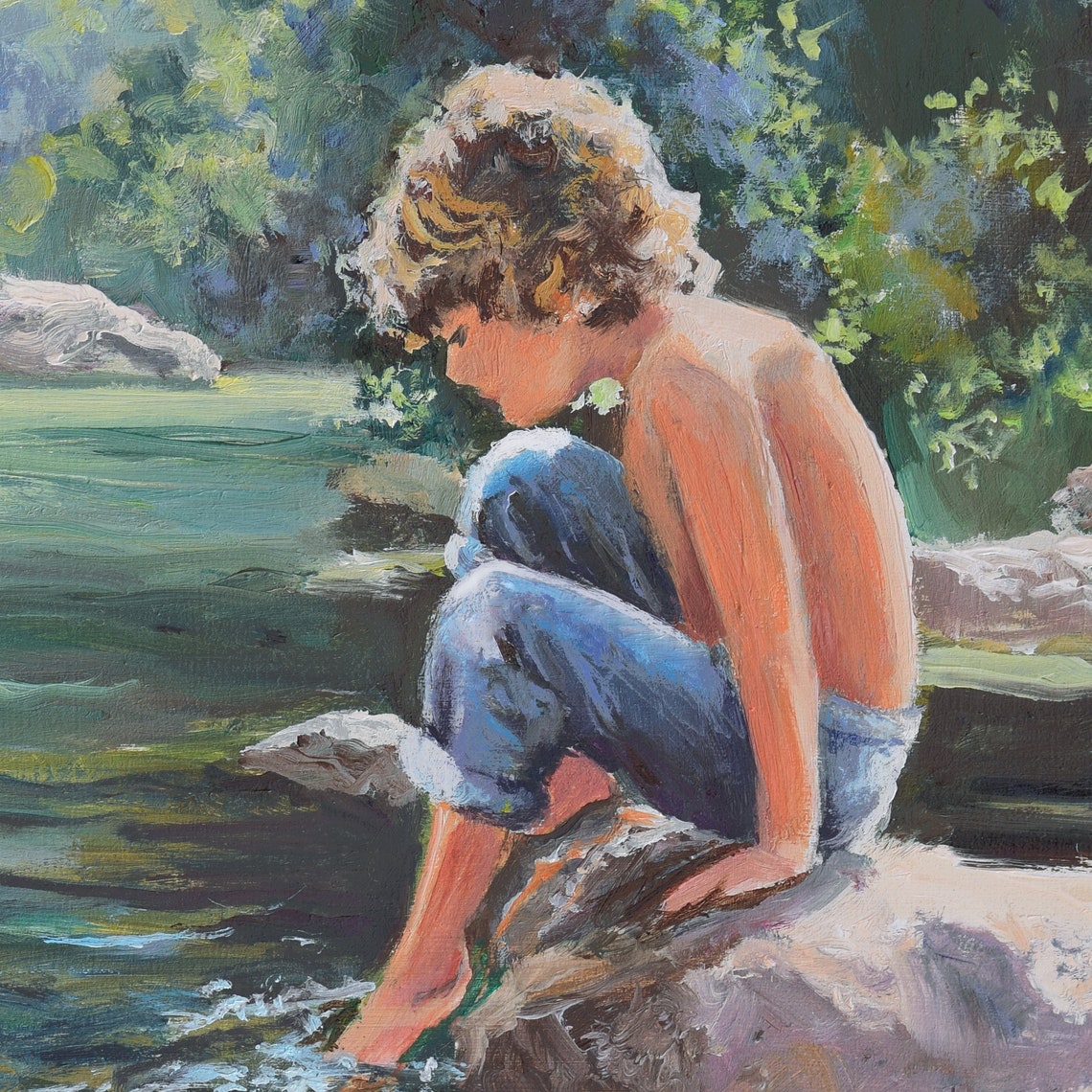 River Landscape Painting With Kid Framed Children Original Painting Creek Landscape Art For Country House Wall Decor Summer Oil Painting - Image 4