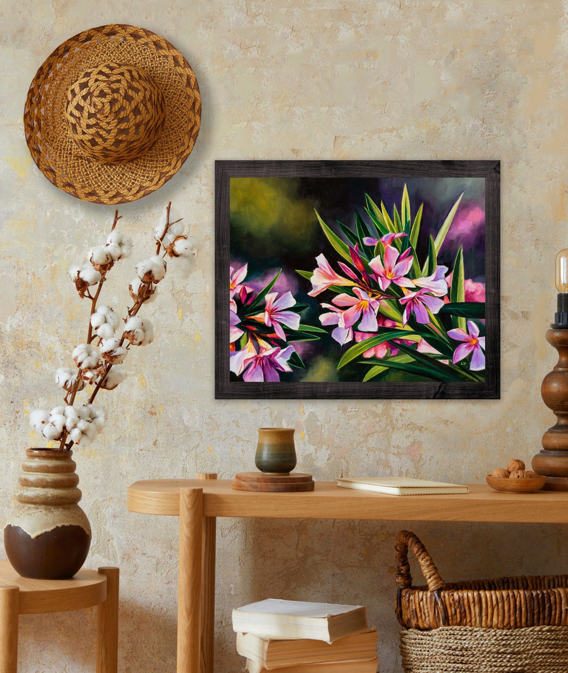 Pink Oleander Blossoms Dramatic Dark Garden Night Oil Painting Poster - Image 3