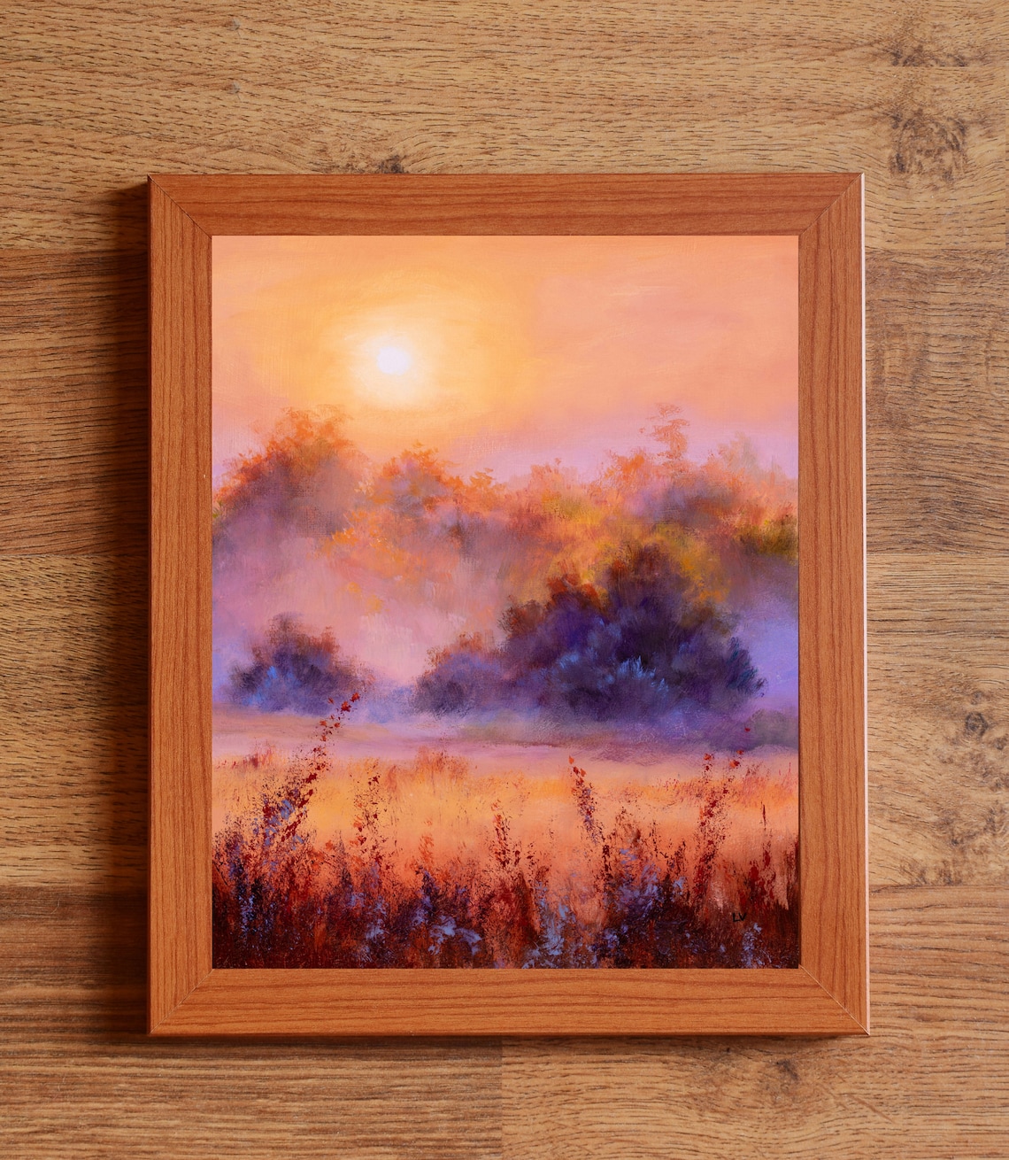 Misty Morning Grassland Peach Sunrise Foggy Meadow Oil Painting Poster - Image 3
