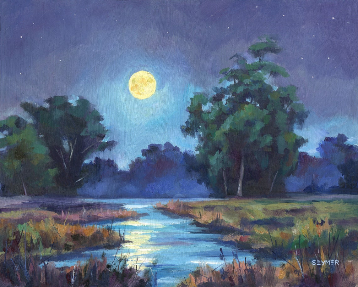 Glowing Full Moon Rising over a Quiet River on a Starry Night Poster - Image 6