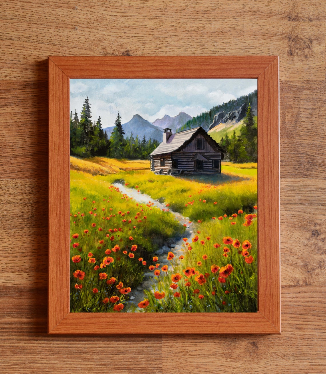 Rustic Log Cabin in a Mountain Wildflower Meadow with Stream Poster
