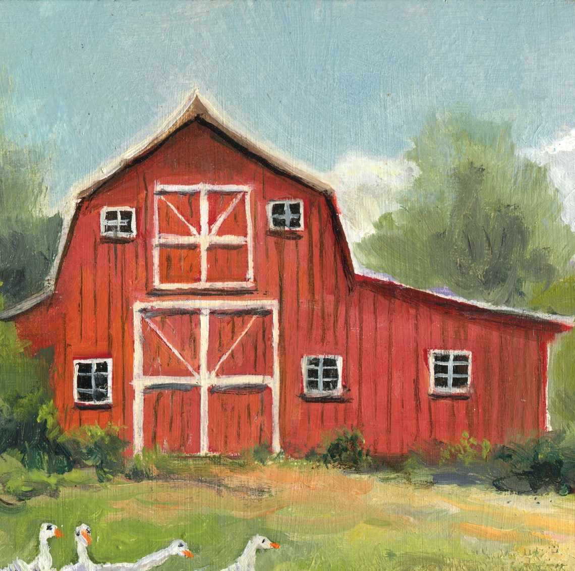 Classic Red Barn with White Geese Grazing in the Green Pasture Poster - Image 5
